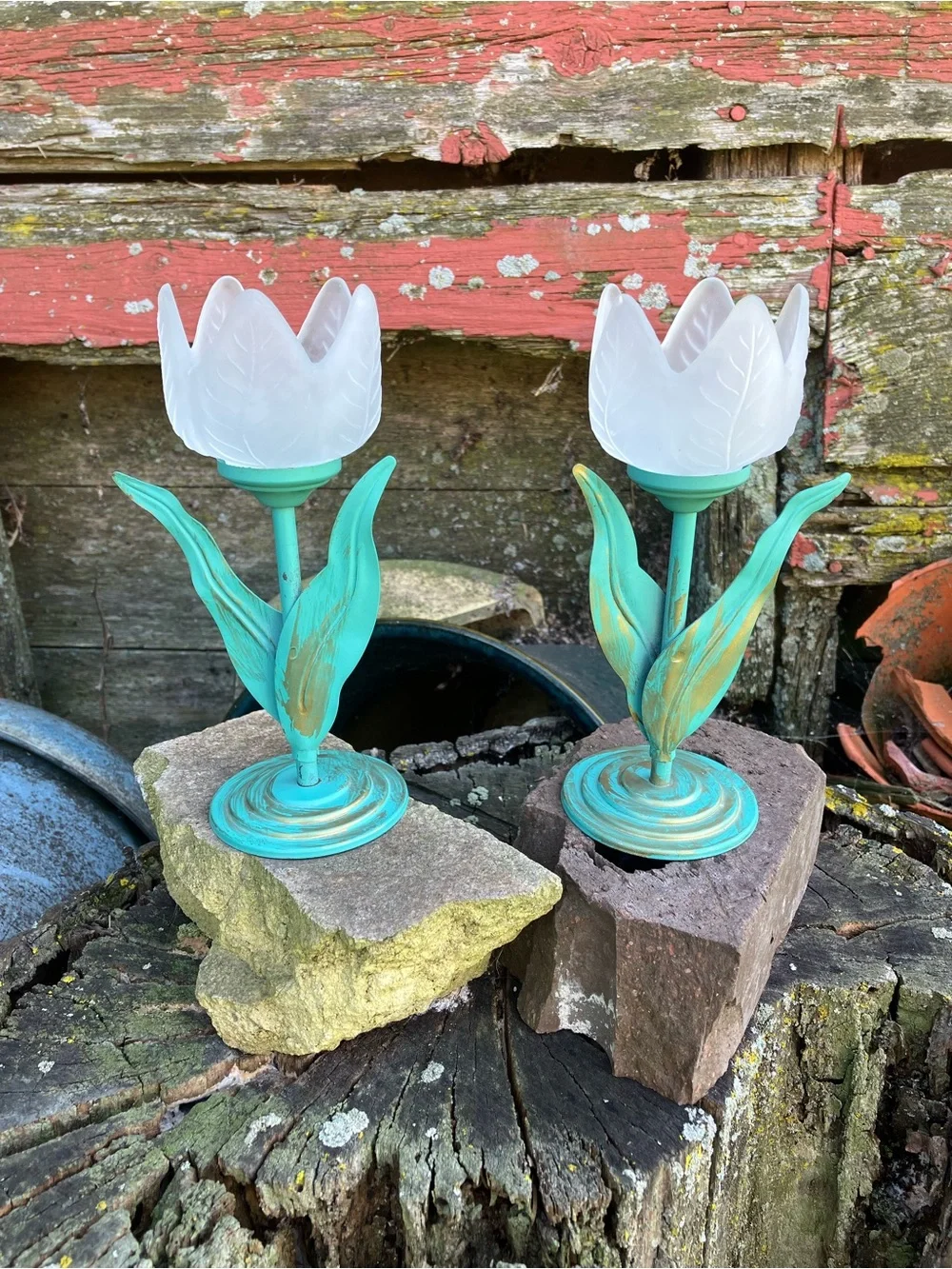 Vintage Pair of Frosted Glass Tulip Candle Holders w/ Turquoise Metal Stems
